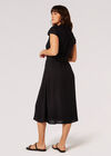 Linen Blend Belted Shirt Midi Dress, Black, large