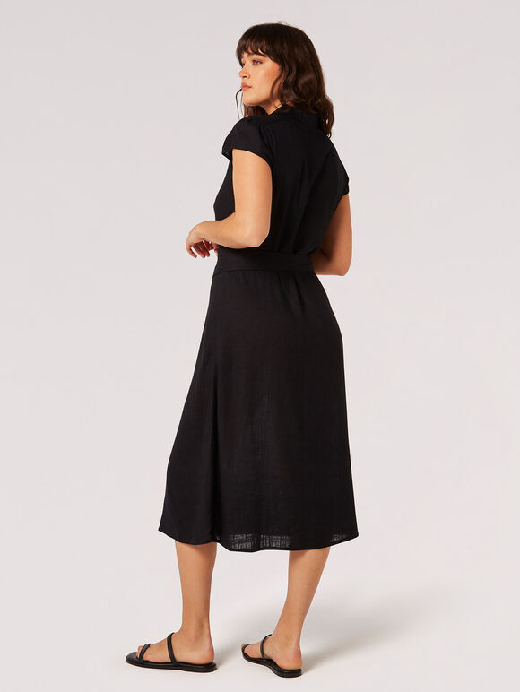 Linen Blend Belted Shirt Midi Dress, Black, large