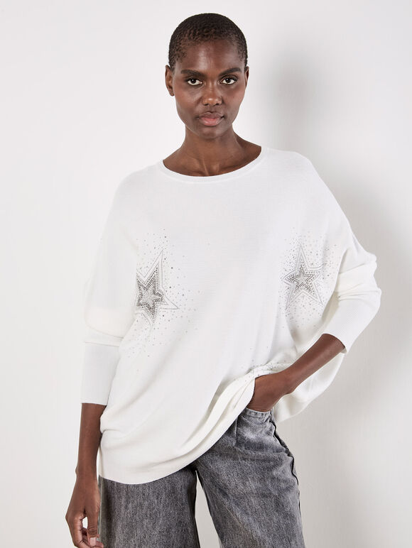 Stud Star Batwing Tunic Jumper, White, large