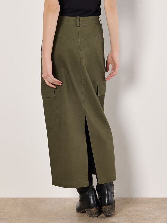 Cotton Cargo Midaxi Skirt, Khaki, large