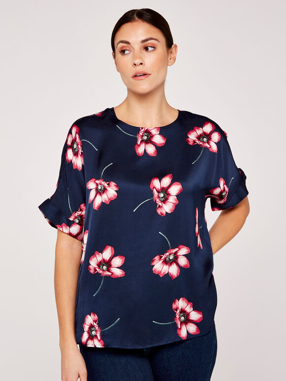 Large Flower Kimono Sleeve Top, Navy, large