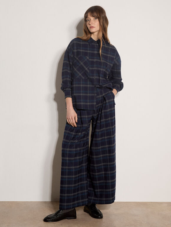 Check Print Wide-Leg Trousers, Navy, large