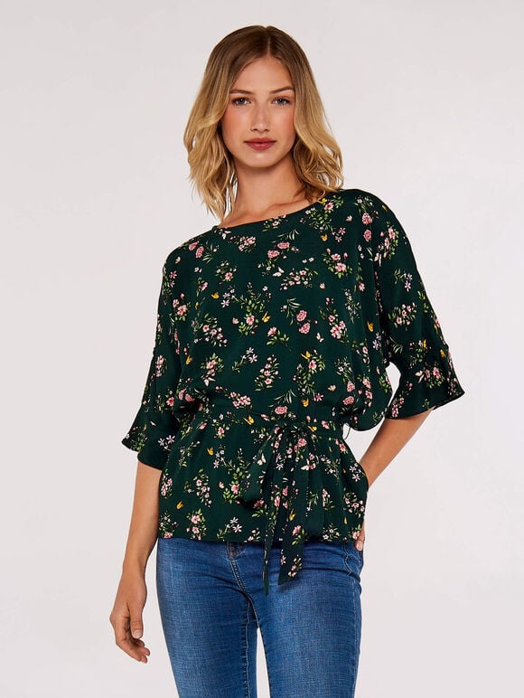 Floral Tiered Tie Top, Green, large
