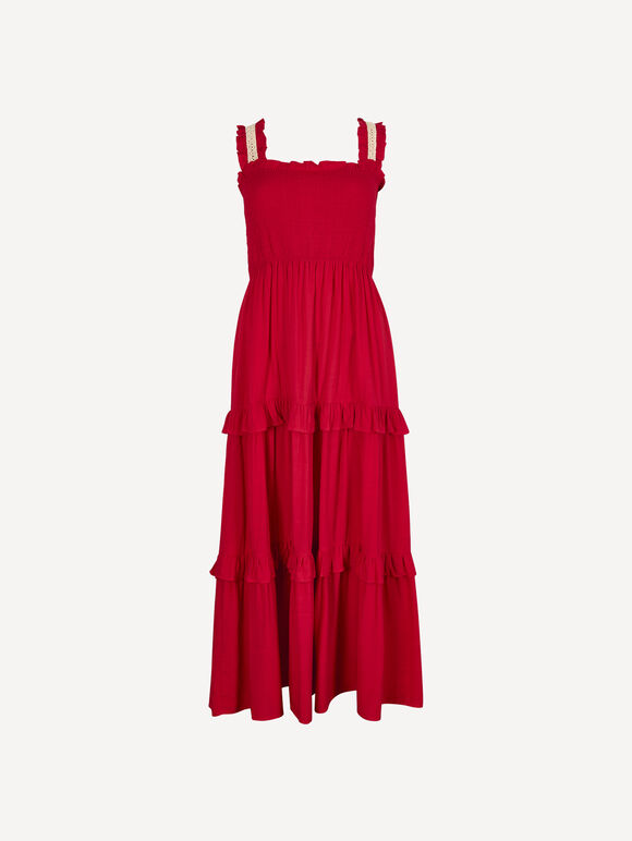 Tiered Lace Trim Midi Dress, Red, large