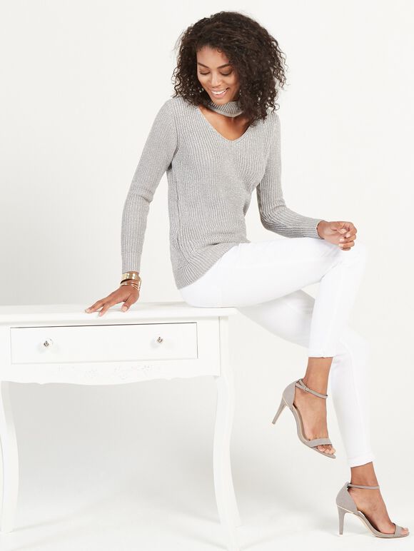 Ribbed Metallic Choker Jumper, Light Grey / Silver, large
