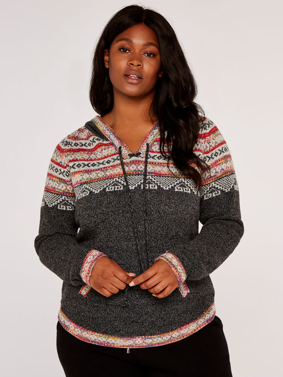 Curve Aztec Knitted Hoodie, Grey, large