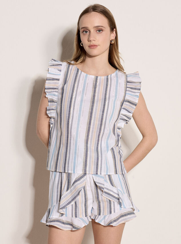 Shimmer Stripe Ruffle Top, White, large