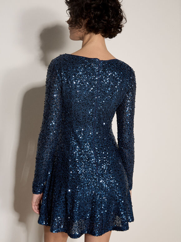 Sequin Embellished Skater Mini Dress, Teal, large