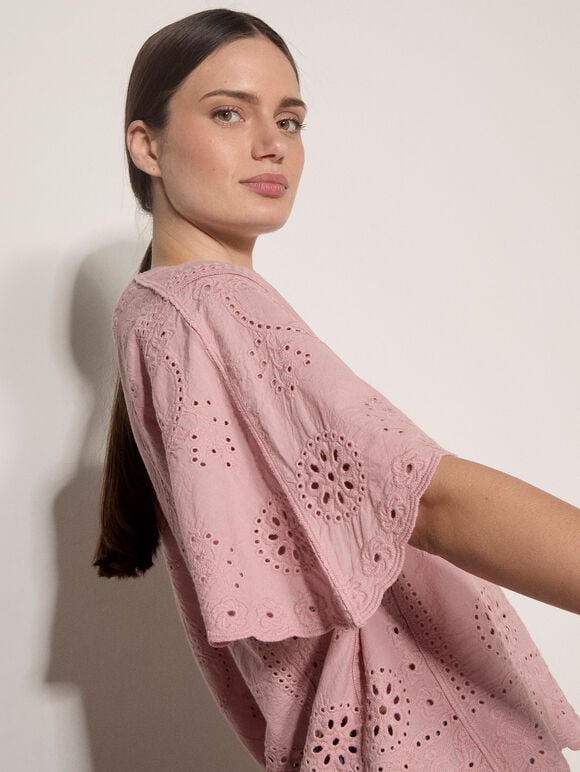 Embroidered Cotton Top, Coral, large