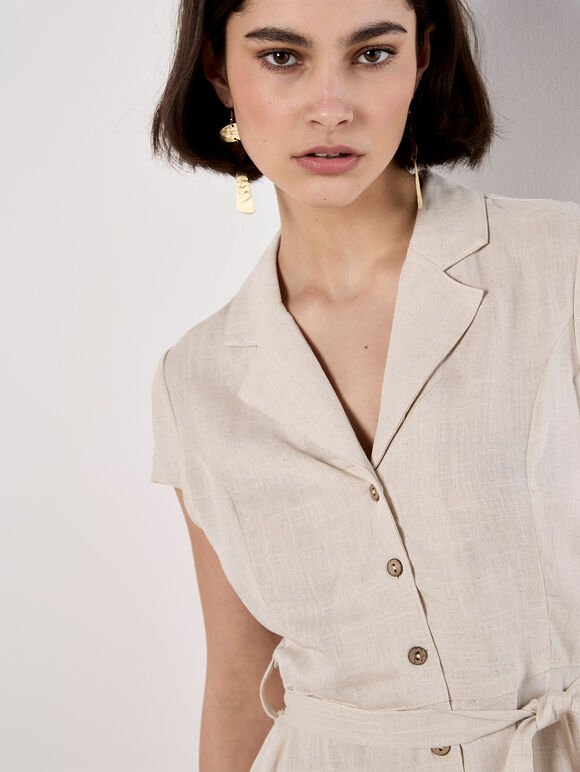 Linen Blend Shirt Mini Dress, Stone, large