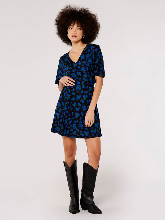 Animal Print Mini Dress, Blue, large
