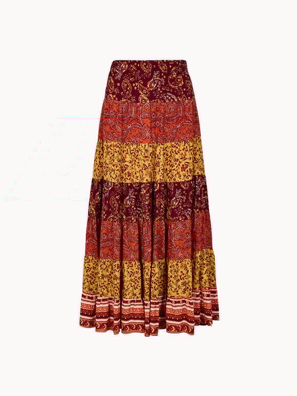 Patchwork Print Tiered Maxi Skirt, Orange, large