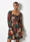 Patchwork Print Boho Mini Dress, Brown, large