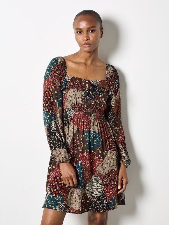 Patchwork Print Boho Mini Dress, Brown, large