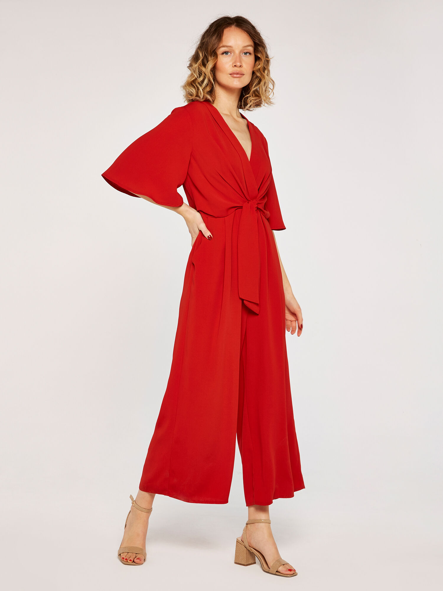 Red tie front jumpsuit 2025