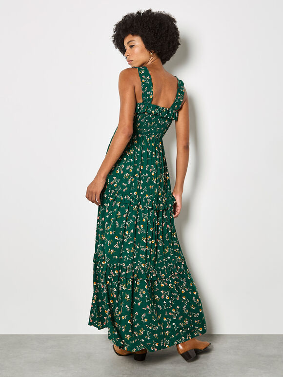 Ditsy Floral Smocked Maxi Dress, Green, large
