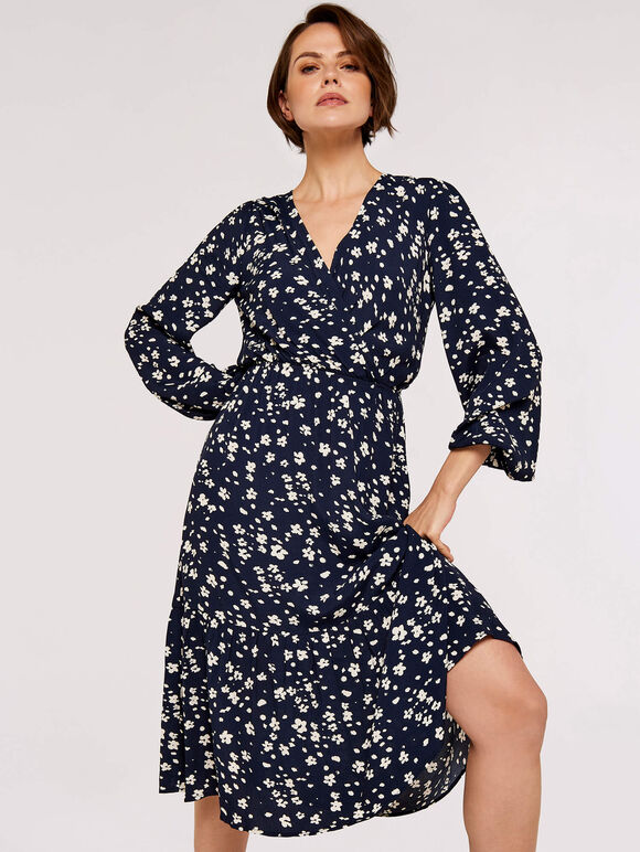 Floral wrap midi dress, Navy, large