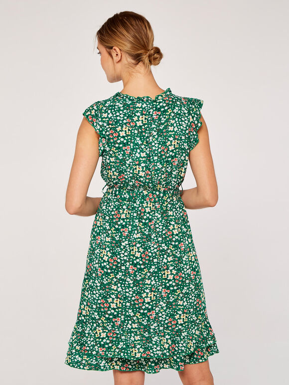 Ditsy Ruffle Mini Dress, Green, large