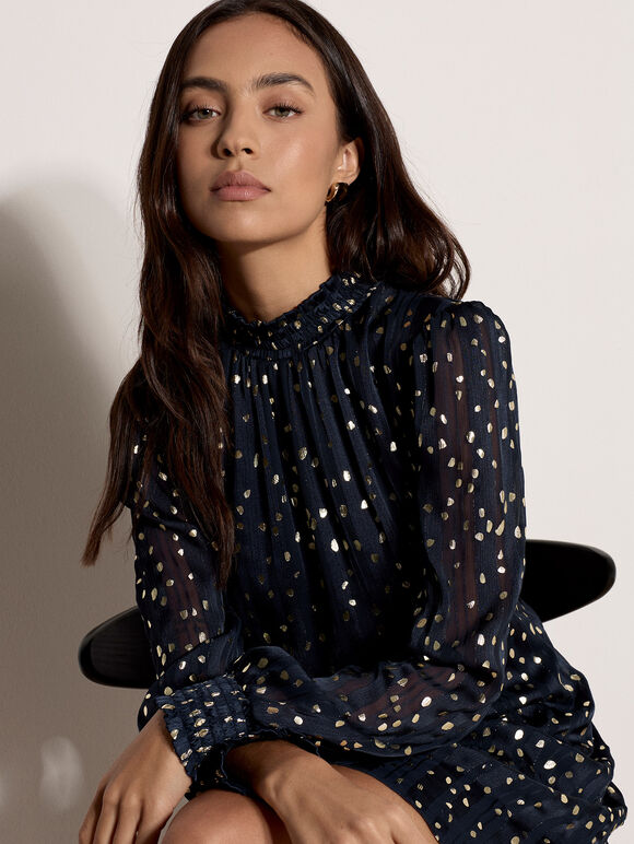 Gold Foil Spot Self-Stripe Mini Dress, Navy, large