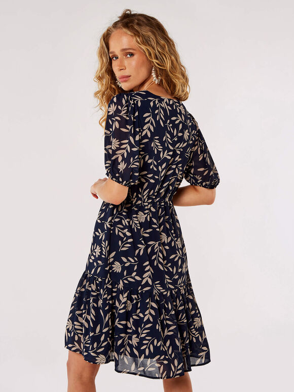 Silhouette Leaf Drawstring Mini Dress, Navy, large