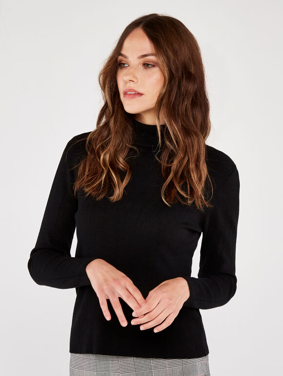 Tiny Rib Roll Neck Jumper, Black, large