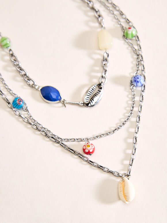 Silver Tone Multi Stone Layered Necklace, Silver, large
