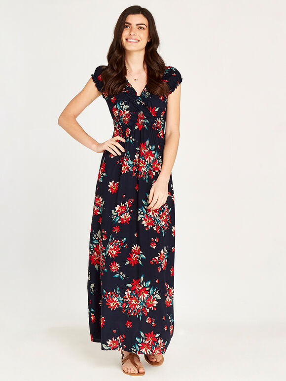 Floral Bunches Smock Maxi Dress, Navy, large