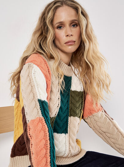 Colour Block Chunky Knit Cable Jumper