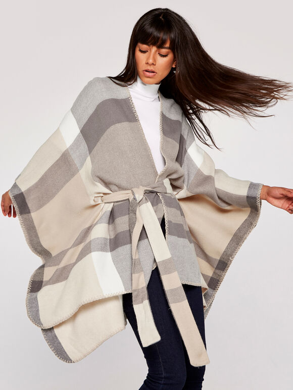 Soft Check Self Tie Blanket Cape, Stone, large