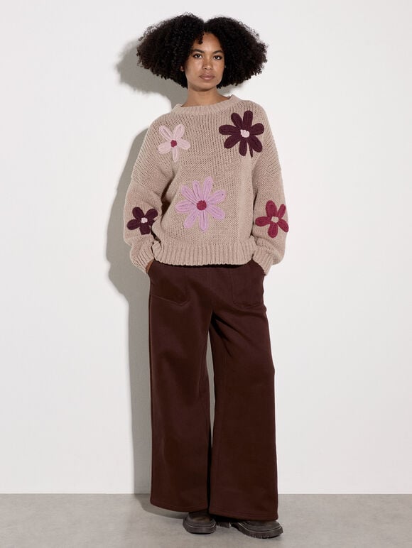 Embroidered Flower Jumper, Mocha, large