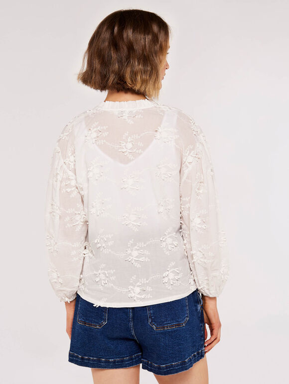 Embroidered Volume Sleeve Top, Cream, large