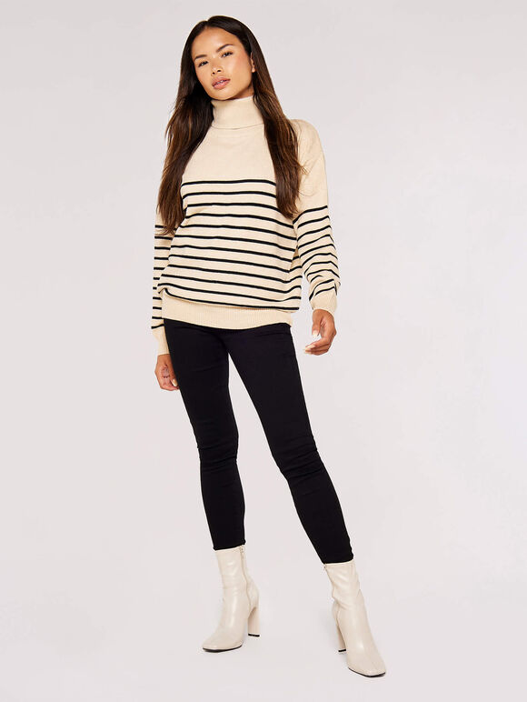 Striped Roll Neck Jumper, Stone, large