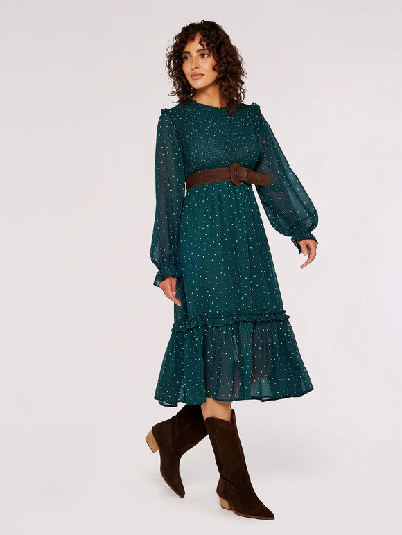 Polka Dot Smocked Midi Dress, Green, large