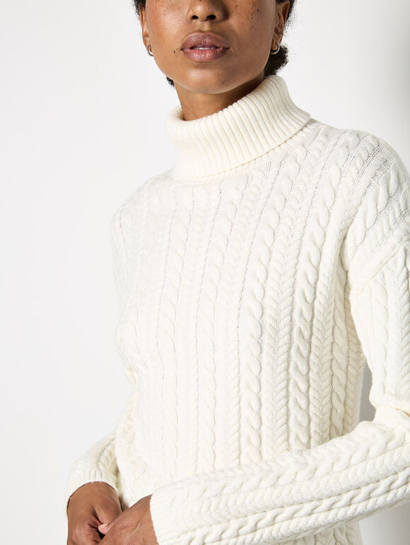 Turtle Neck Cable Front Jumper, Cream, large