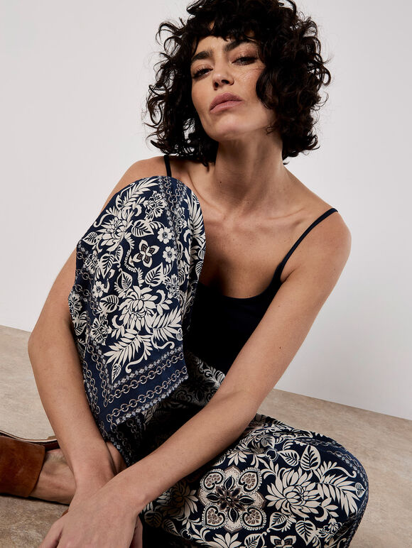 Scarf Print Flare Trousers, Navy, large