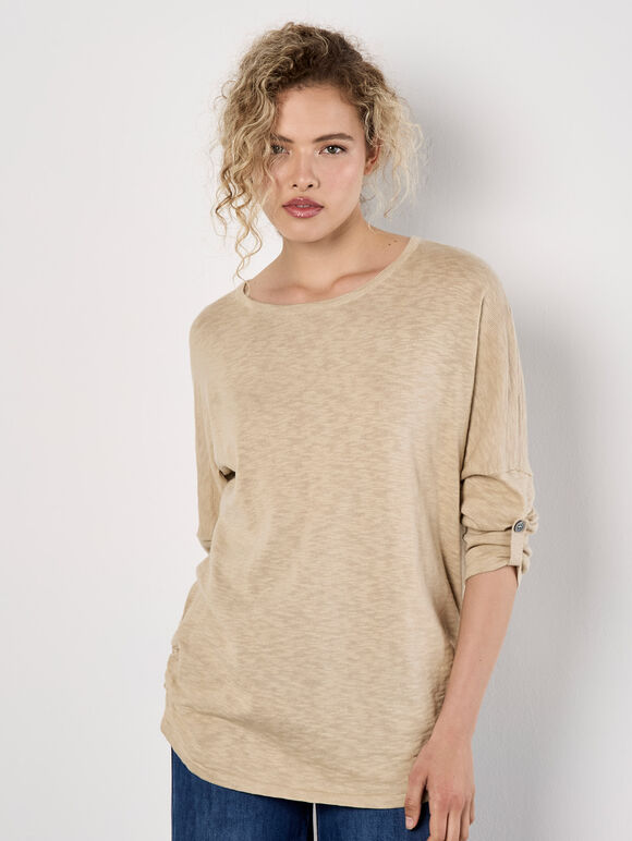 Cotton Blend Ruched Side Jumper, Stone, large