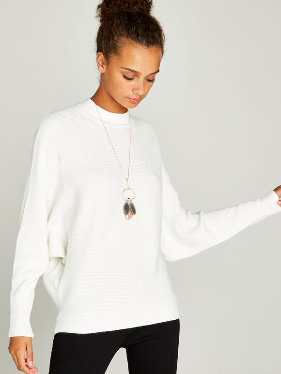 Ribbed Batwing Jumper, Cream, large