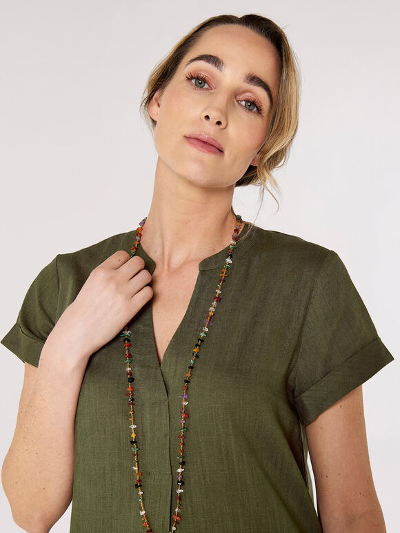 Linen Blend Relaxed Mini Dress, Khaki, large
