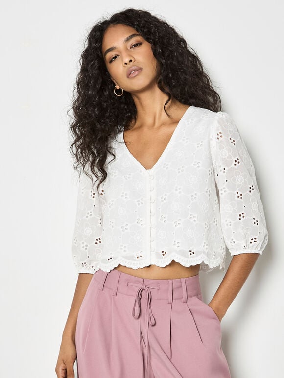 Daisy Broderie Anglaise Button Top, White, large