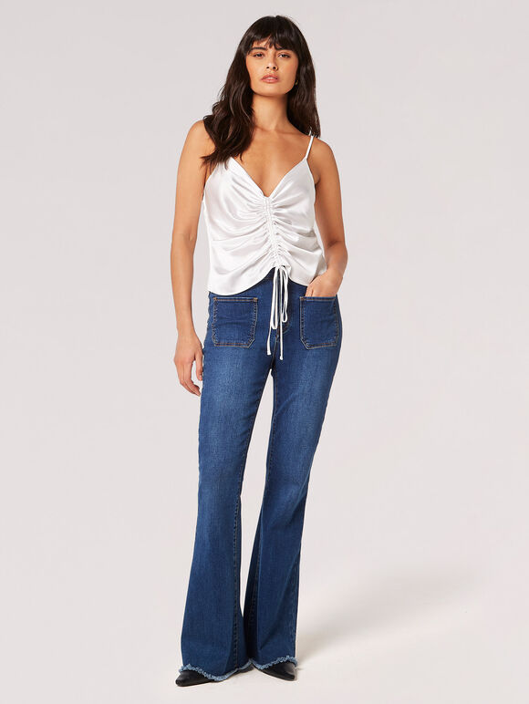 Ruched Front Satin Camisole Top, Cream, large