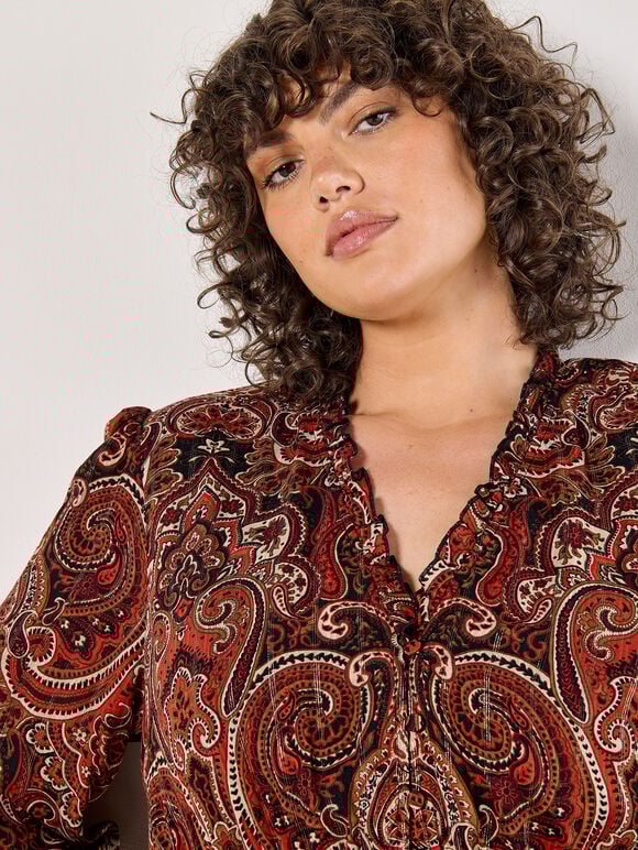 Curve Paisley Shimmer Midi Dress, Rust, large