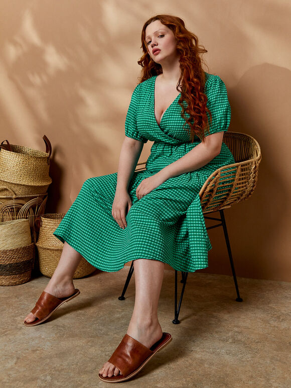 Curve Gingham Tiered Wrap Midi Dress, Green, large