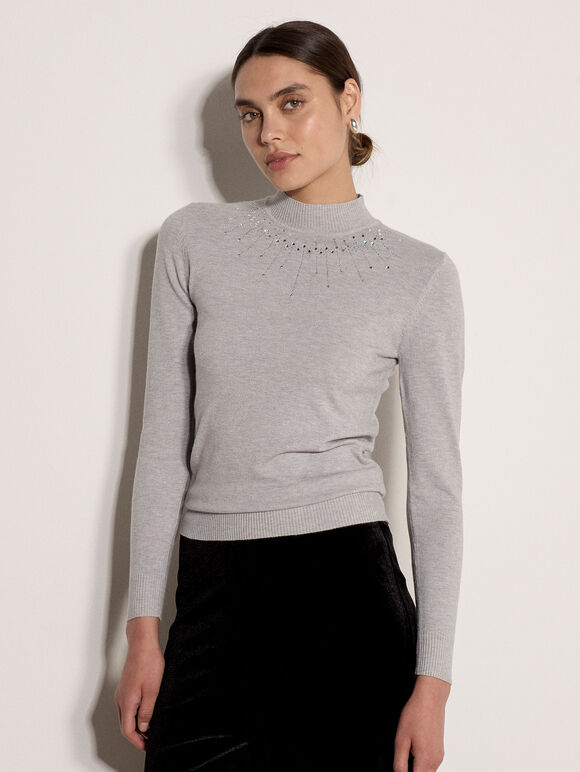 Rhinestone Gem Embellished Jumper, Grey, large