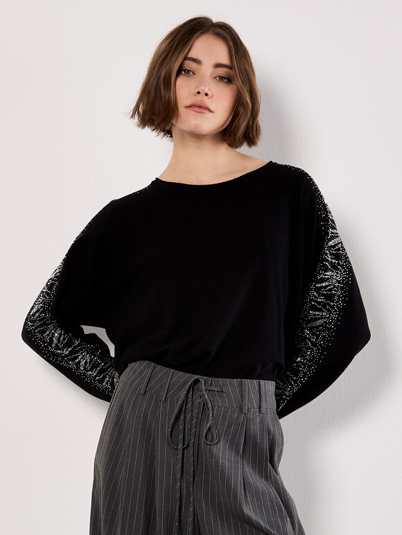 Diamante Snakeskin Sparkle Jumper, Black, large