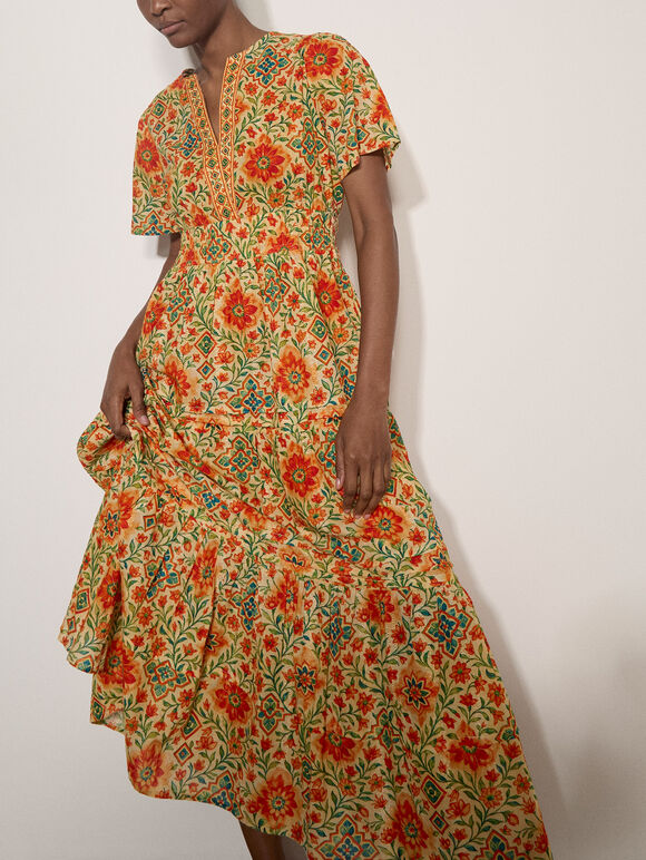 Stain Glass Floral Tiered Midaxi Dress, Orange, large