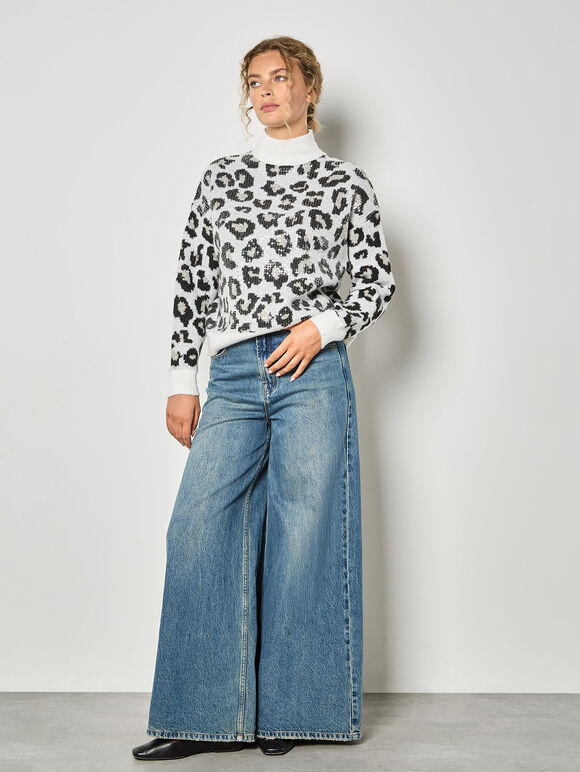 Sequin Leopard Print Jumper, White, large