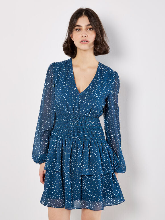 Spot Print Chiffon Mini Dress, Teal, large