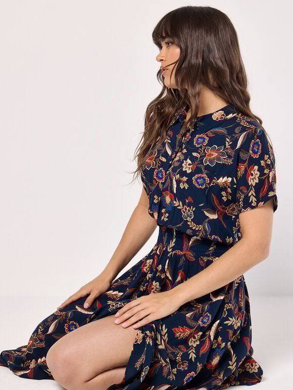 Sarasa Floral Shirt Midi Dress, Navy, large