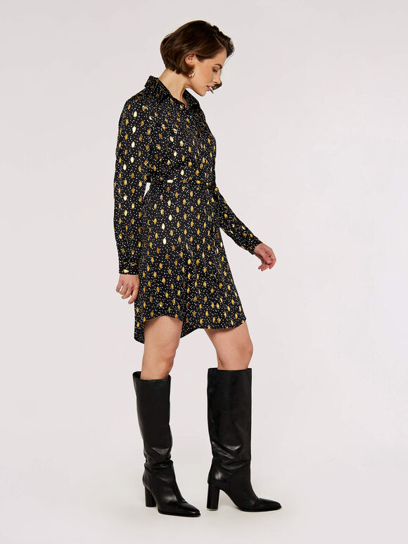 Foil Shirt Mini  Dress, Black, large