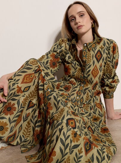 Floral Leaves Tiered Shirt Midi Dress